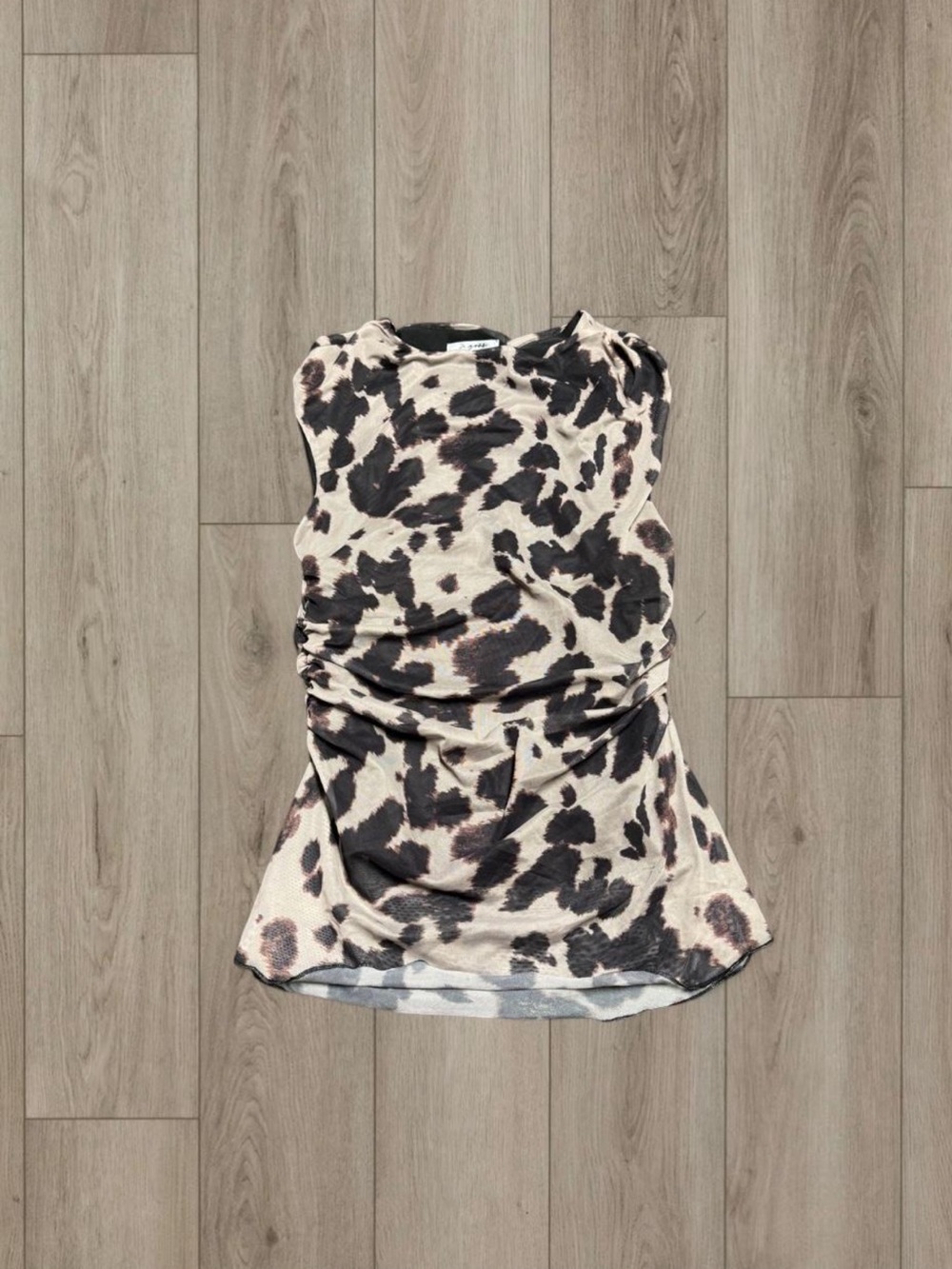 Sleeveless Animal Print Ruched Top - Beige/Black